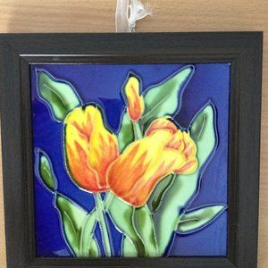Hand-painted stain-glass tulip square wood frame small wall decor